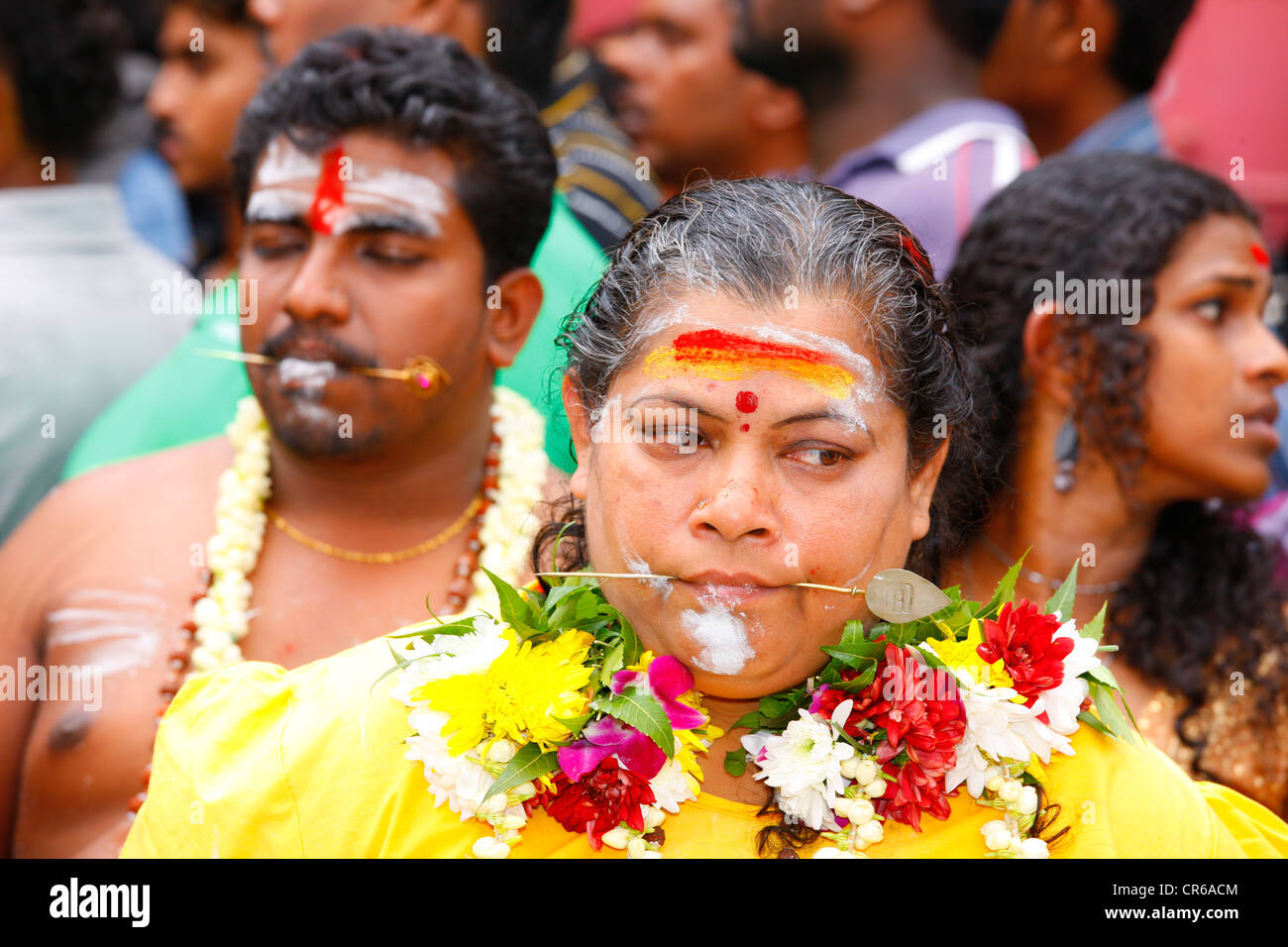 Pilgrim with spiritual piercing at the Hindu festival Thaipusam, Batu Caves limestone caves and temples, Kuala Lumpur, Malaysia Stock Photo