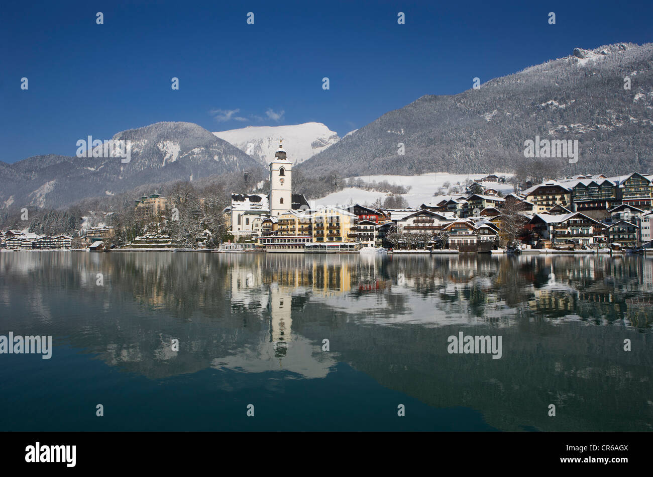 Austria,St. Wolfgang,  View of hotel with Wolfgangsee Lake Stock Photo