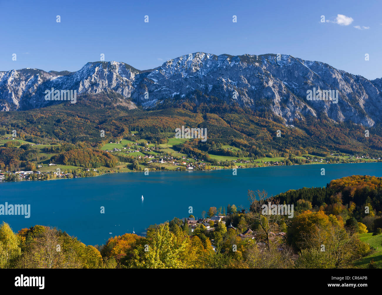 Austria, Attersee,  View of Hoellen Mountain during autumn Stock Photo