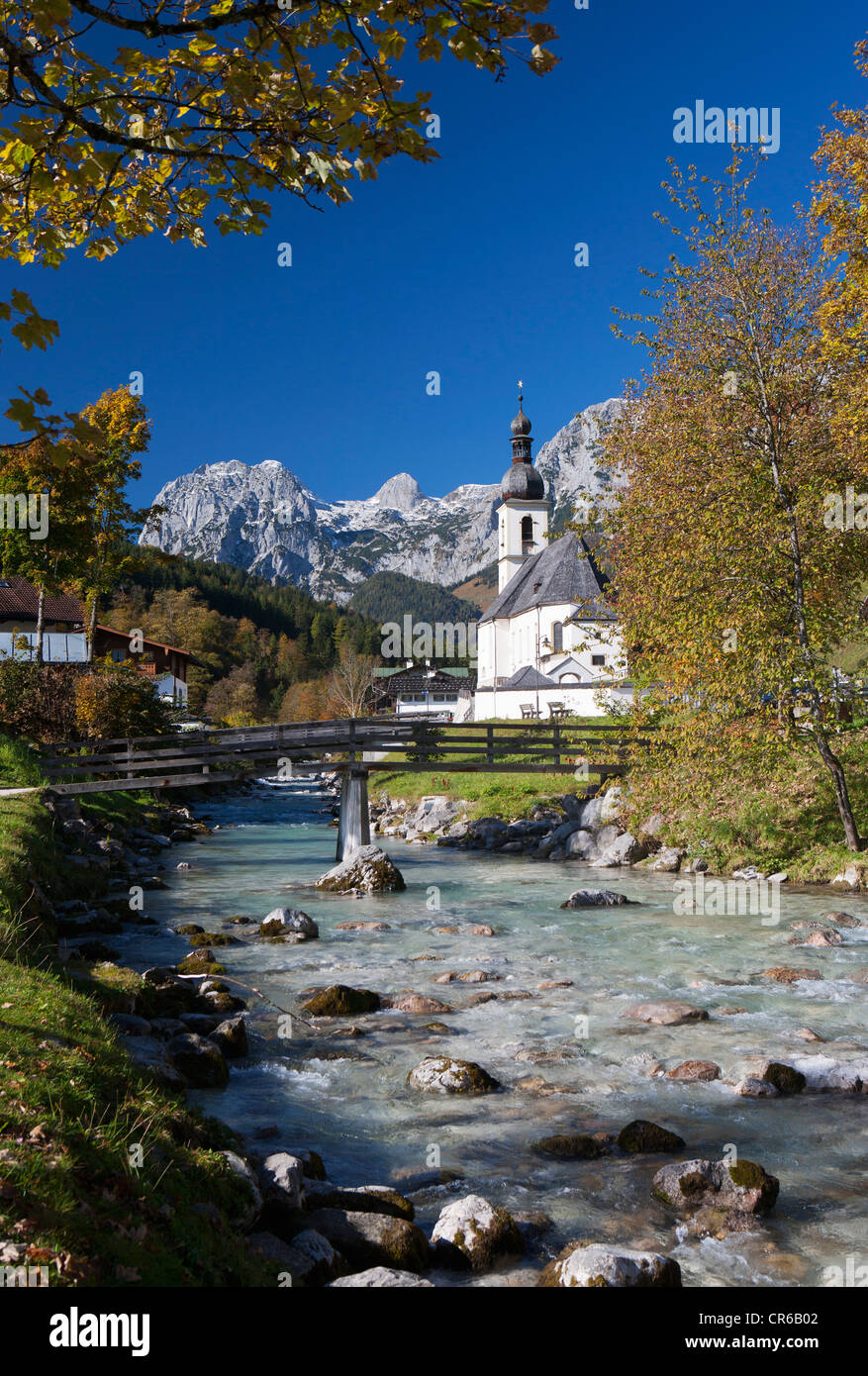 Germany, Bavaria,Ramsau, St Sebastian's Church with Reiteralpe in background Stock Photo