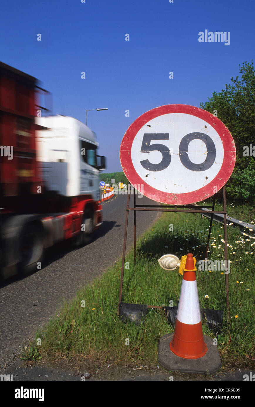 Lorry Passing 50 Miles Per Hour Speed Limit Warning Sign On M62 Slip Lorry Passing 50 Miles Per Hour Speed Limit Warning Sign On M62 Slip