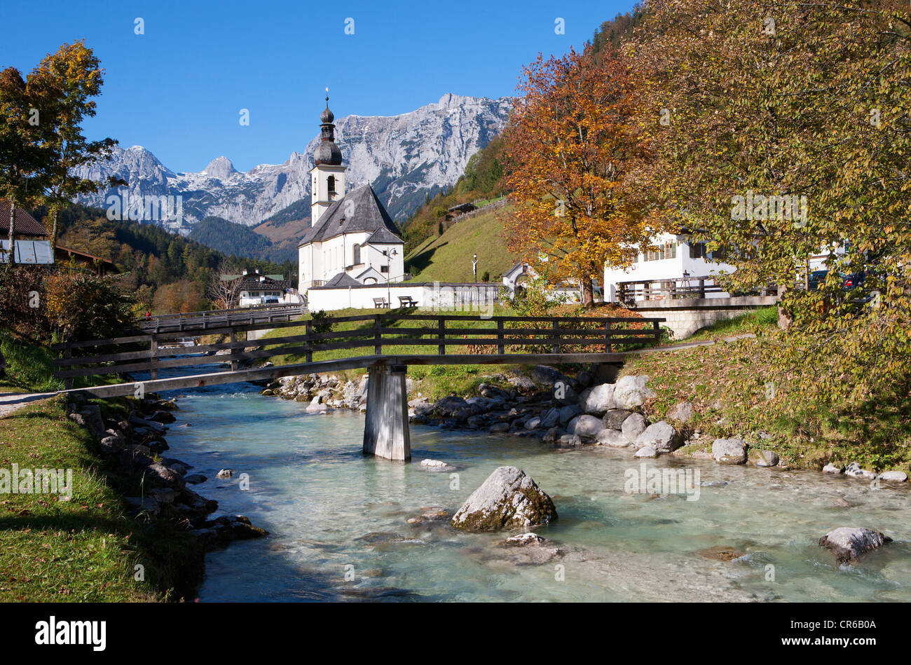 Germany, Bavaria,Ramsau, St Sebastian's Church with Reiteralpe in background Stock Photo