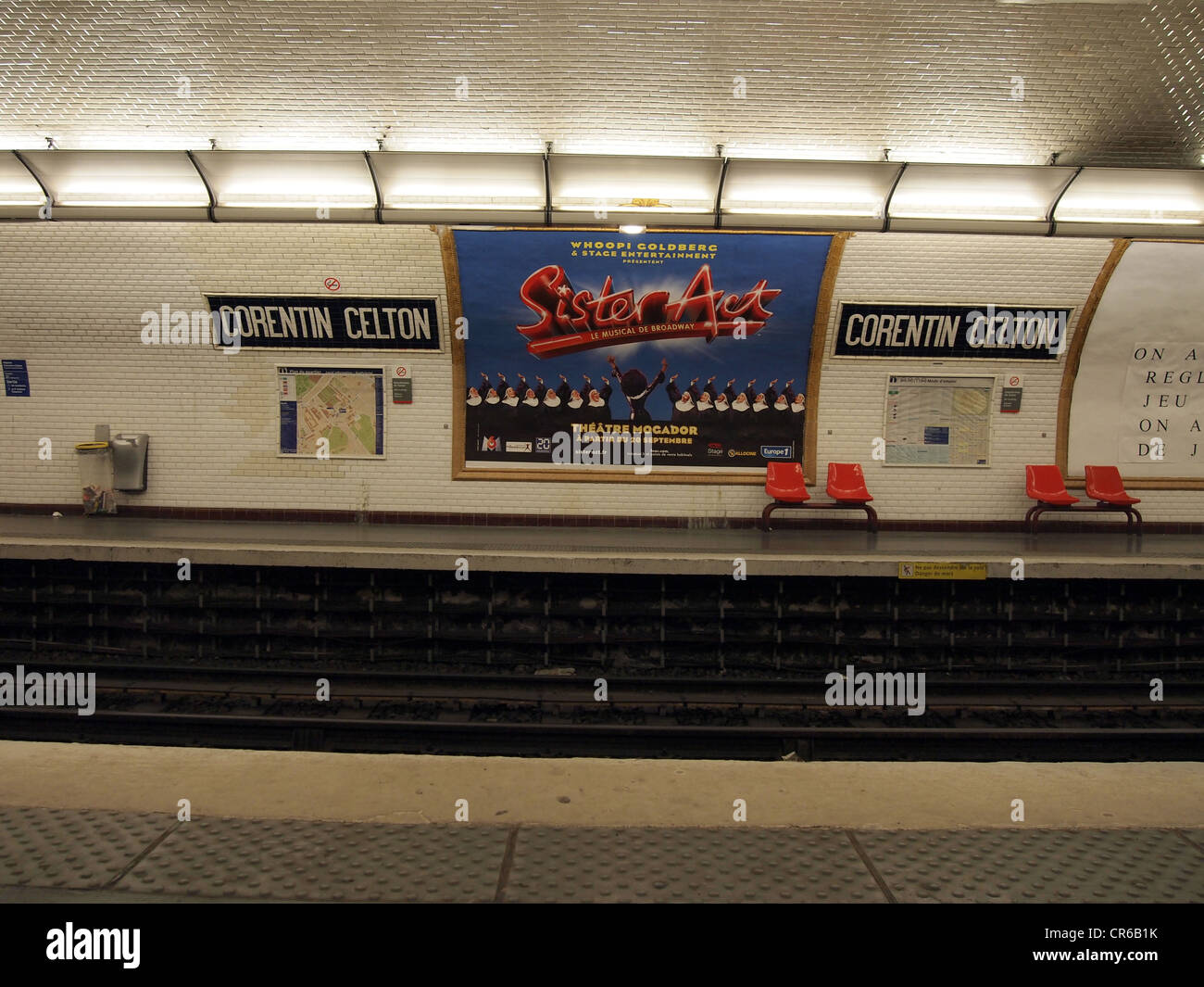 Empty platform and tracks, Corentin Celton station stop, Metro Line 12, Paris, France, May 13, 2012, © Katharine Andriotis Stock Photo