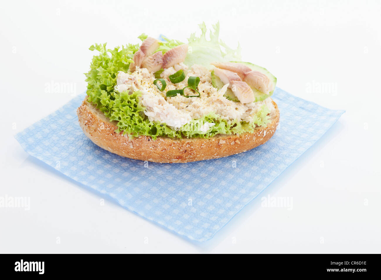 Trout fillet tartar sandwich on napkin, close up Stock Photo