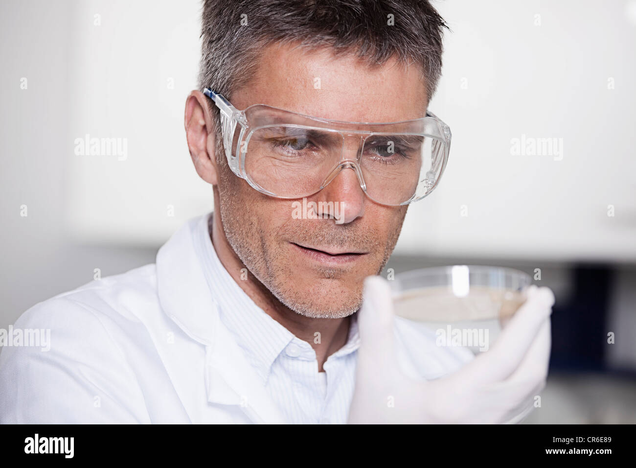 Germany, Bavaria, Munich, Scientist holding liquid in petri dish for medical research in laboratory Stock Photo