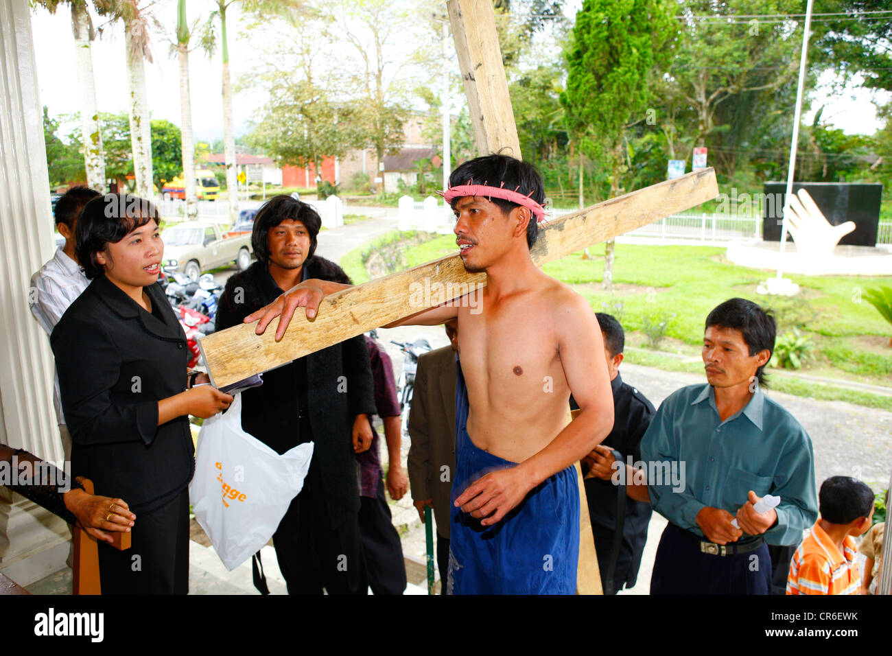 Jesus carrying his cross, passion play, boarding school, Simalungun, Sumatra, Indonesia, Asia Stock Photo