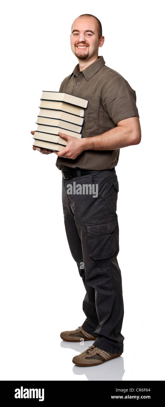 man hold books isolated on white background Stock Photo