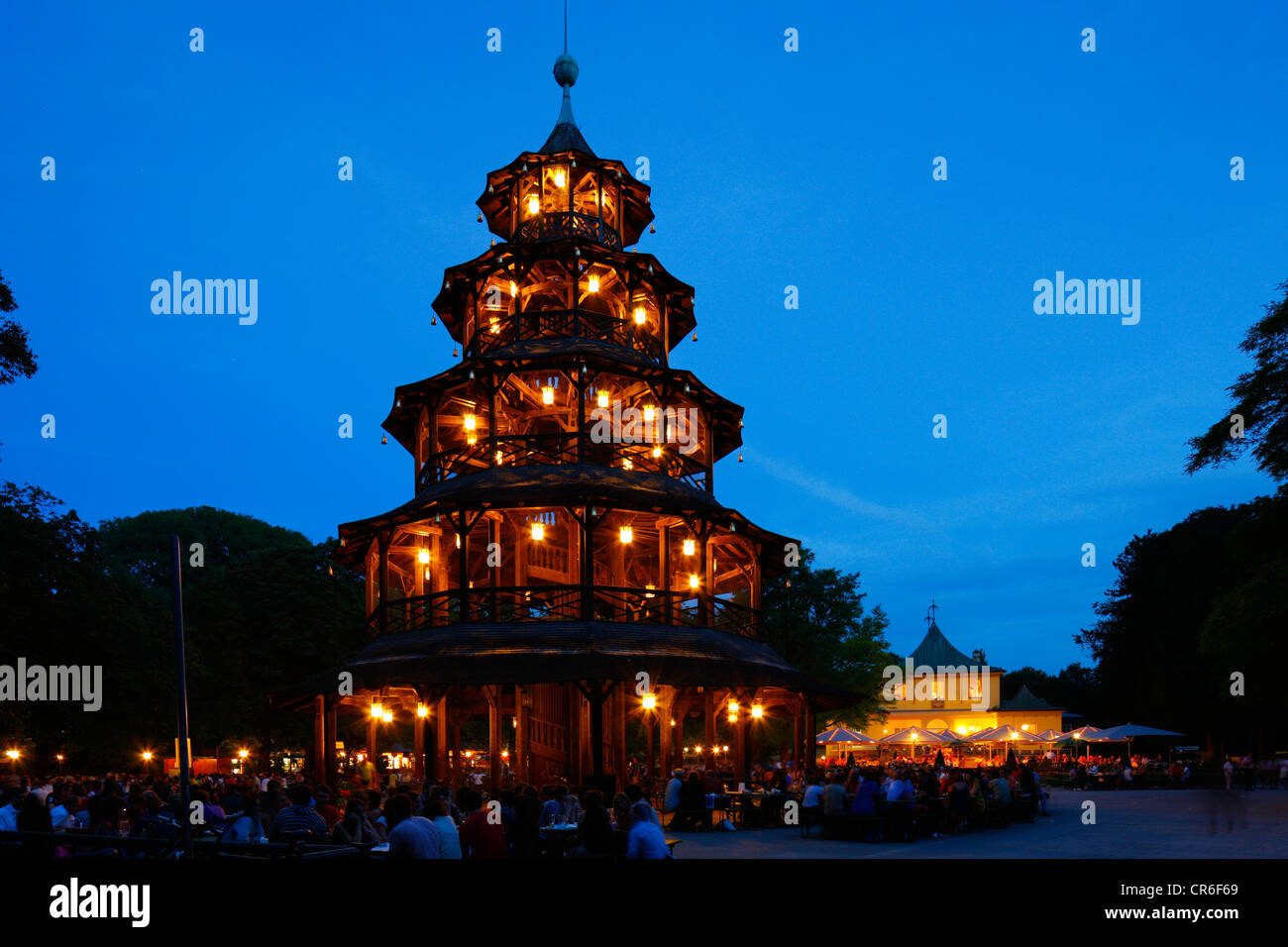 Chinesischer Turm tower, beer garden, Englischer Garten park in the