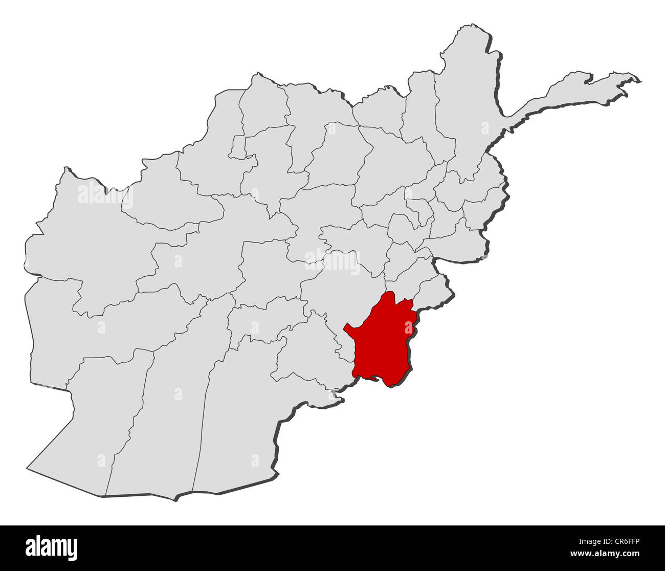 Political map of Afghanistan with the several provinces where Paktika is highlighted. Stock Photo