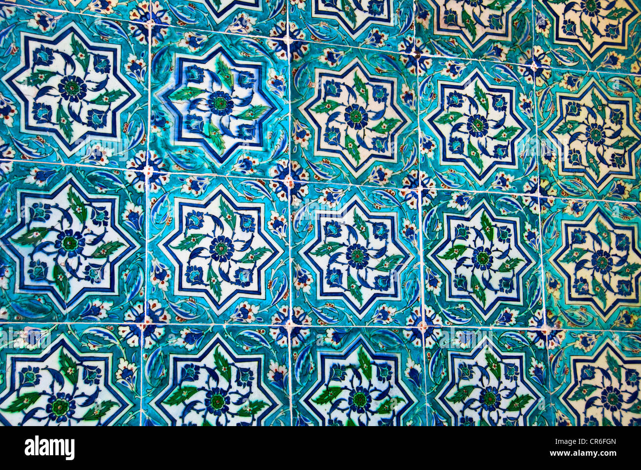 Blue iznik earthenware tiles on a wall at Topkapi palace - Istanbul, Turkey Stock Photo