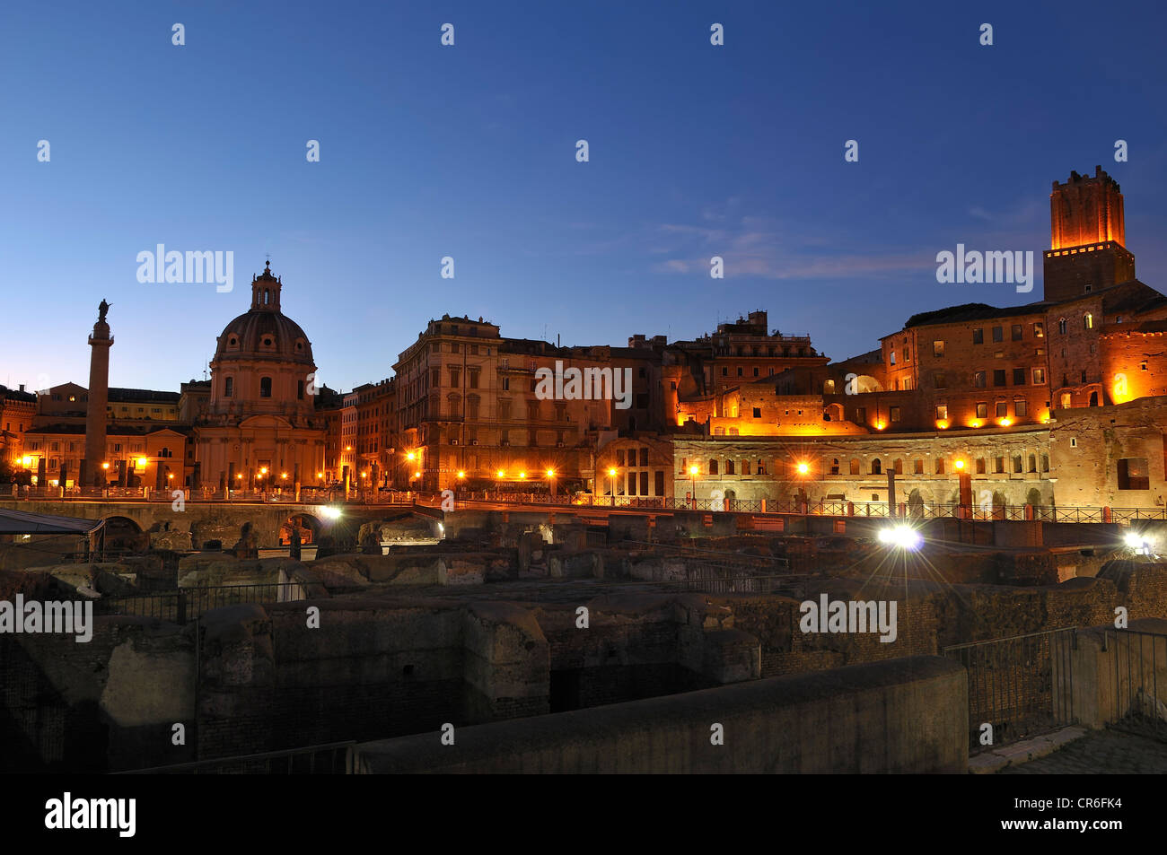 Illuminated Imperial Fora at night, Rome, Lazio region, Italy, Europe Stock Photo