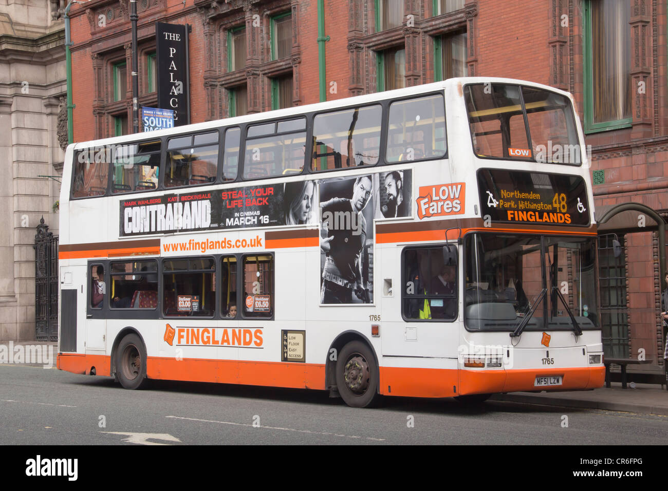Volvo bus on Manchester  GMPTE route 48, operating by Finglands leaving Manchester city centre on Oxford Road. Stock Photo