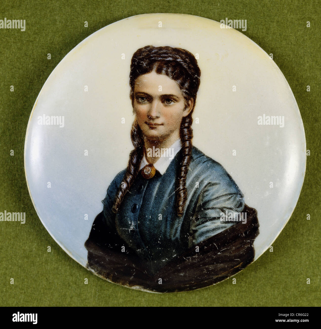 Sophie Charlotte, 23.2.1847 - 4.5.1897, Duchess of Alencon 28.9.1868 - 4.5.1897, portrait, painted beer jug lid, porcelain painting, Germany, 2nd half 19th century, , Stock Photo