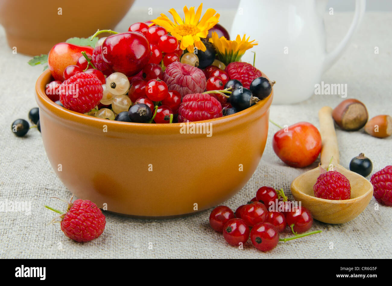Still life of summer berries - cherries, strawberries, currants and etc Stock Photo