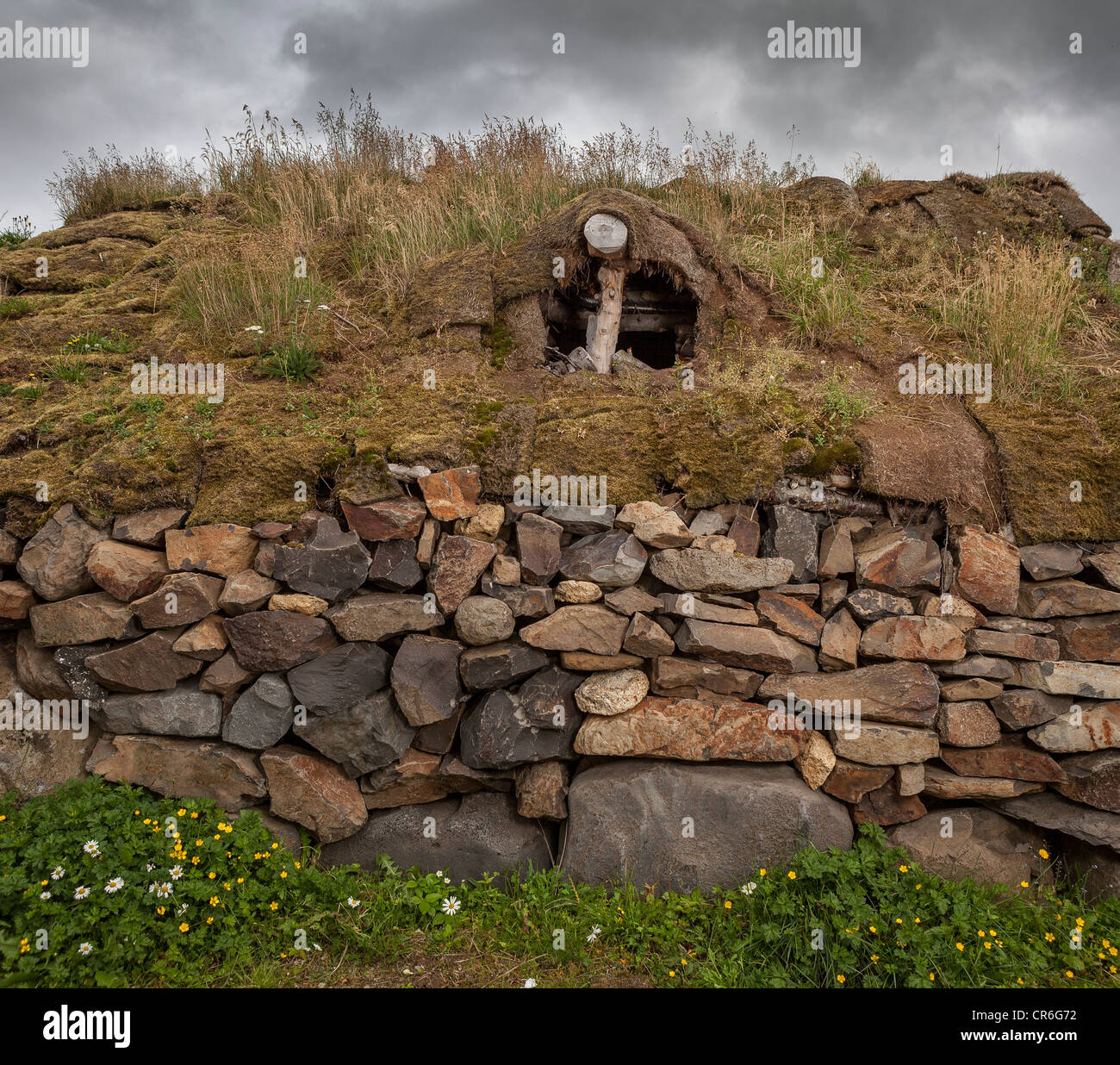 Stone turf farmhouse, Borgarfjordur, Iceland Stock Photo