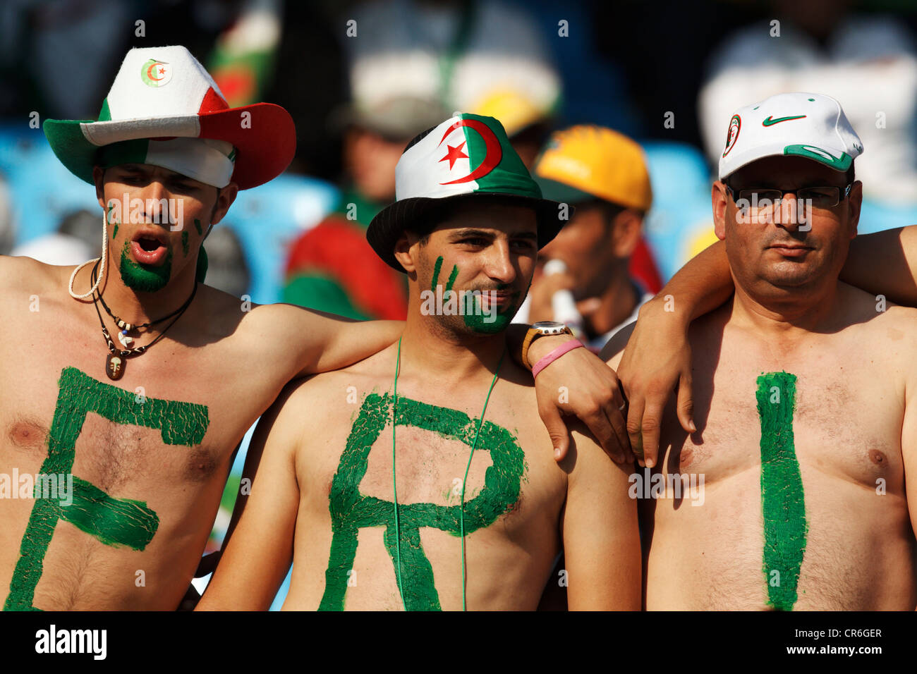 Spectators demonstrate their support for Algeria at a 2010 FIFA World Cup match between Algeria and the United States. Stock Photo