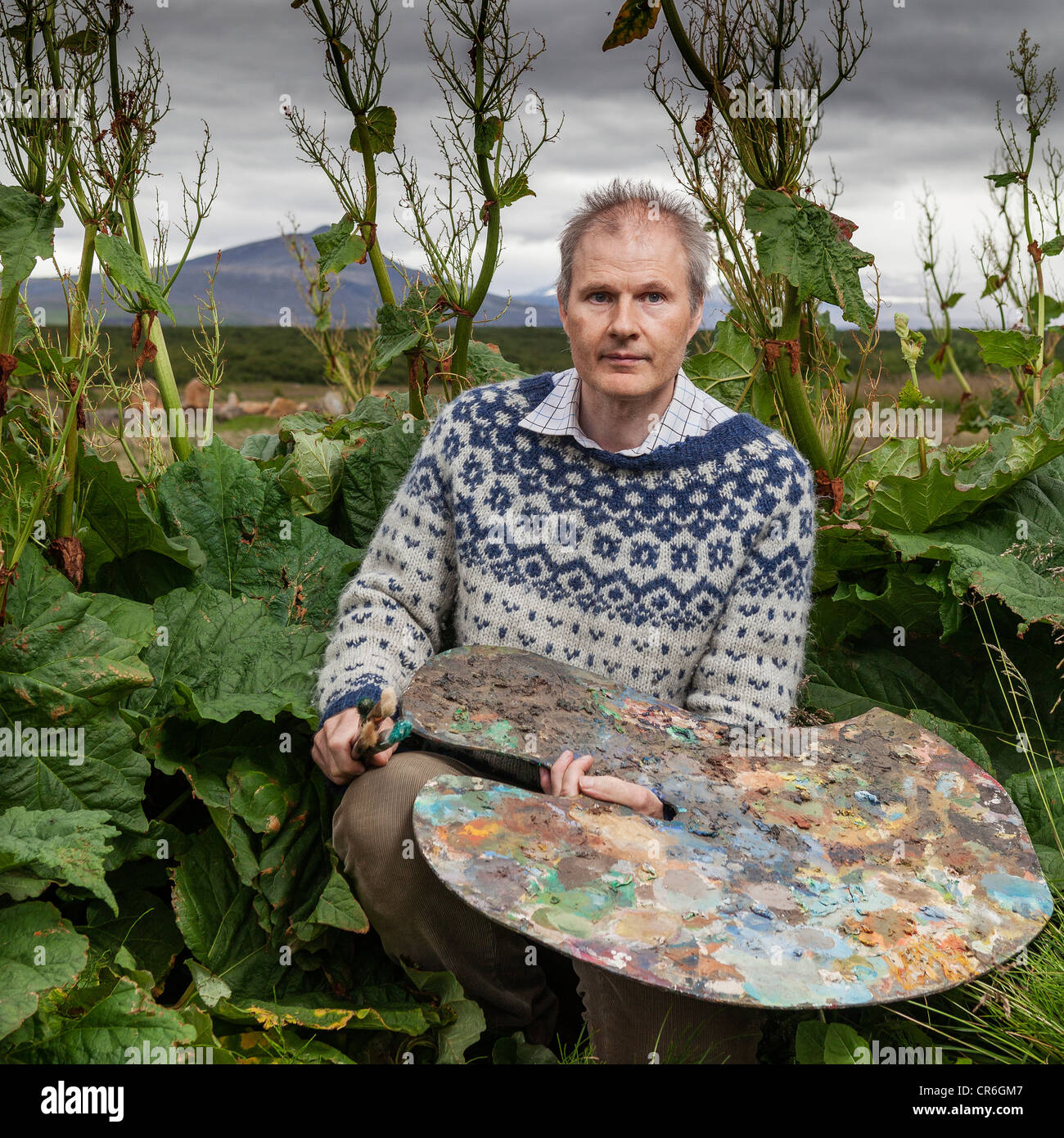 Artist with palette surrounded by rhubarb plants, Borgarfjordur Iceland Stock Photo