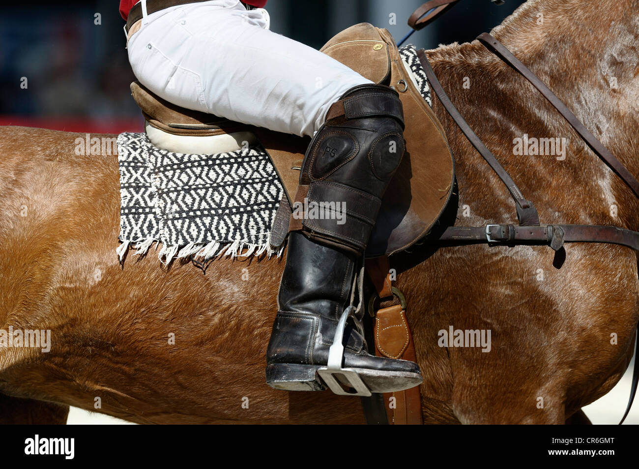 Polo player with black boots on his horse, Airport Arena Polo Event 2010, Munich, Upper Bavaria, Bavaria, Germany, Europe Stock Photo