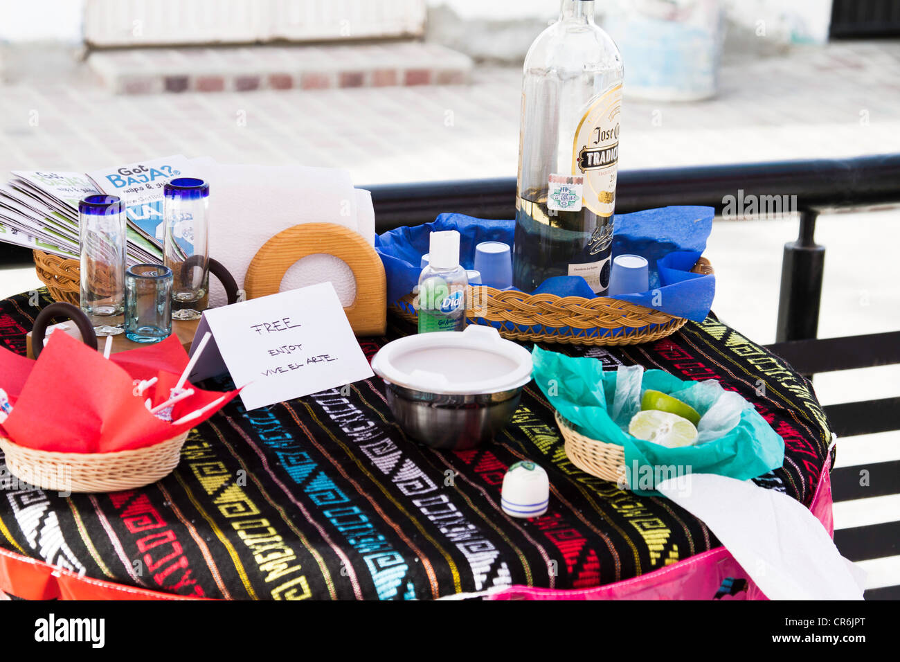 Free tequila offered during art festival in 'Todos Santos' Baja Mexico Stock Photo