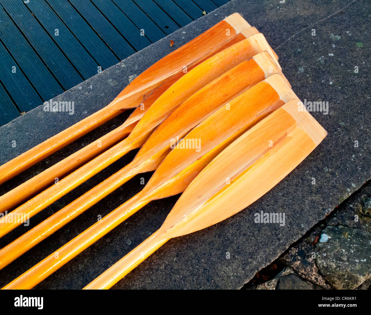 Group of five wooden oars used for rowing laid out on a quayside in city centre Bristol England UK Stock Photo