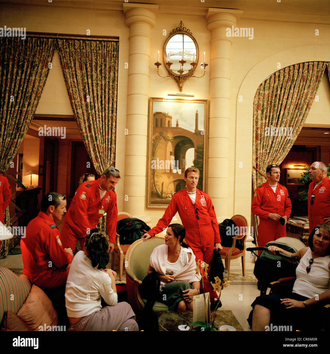 Pilots of the Red Arrows, Britain's RAF aerobatic team gather in hotel after their Bastille Day flypast over Paris. Stock Photo