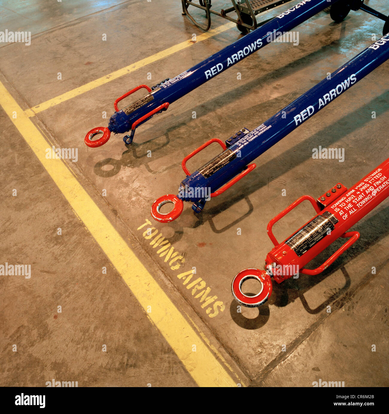 Towing bars on the ground in the hangar of the Red Arrows, Britain's