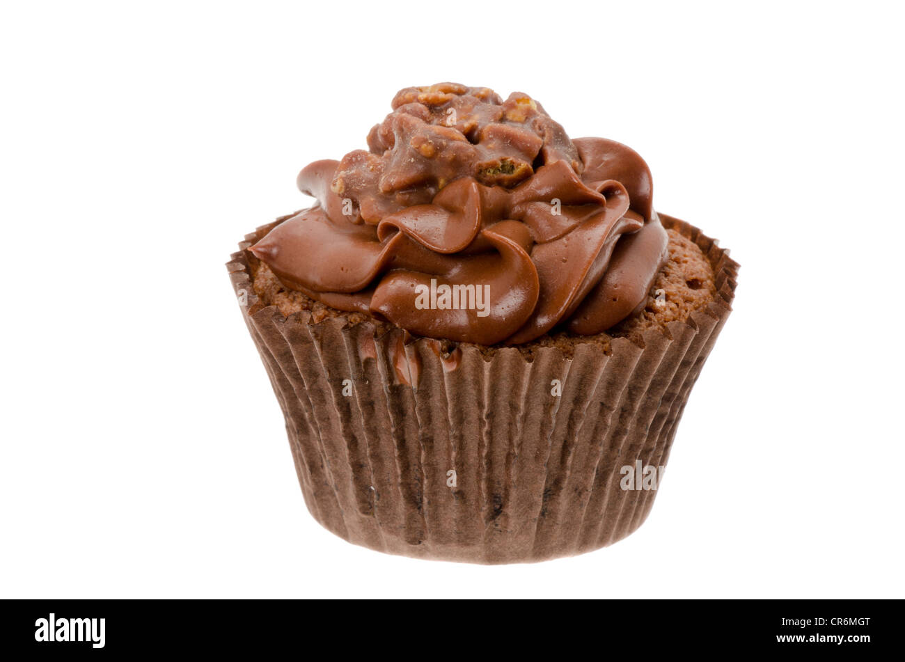 Chocolate cupcake with a milk chocolate icing decoration - studio shot with a white background Stock Photo