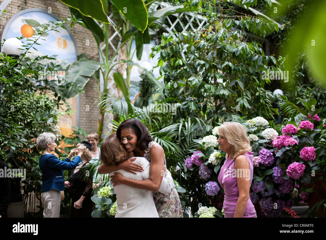 US First Lady Michelle Obama and Dr. Jill Biden greet guests prior to a luncheon with Senate spouses at the US Botanic Garden May 23, 2012 in Washington, DC . Stock Photo