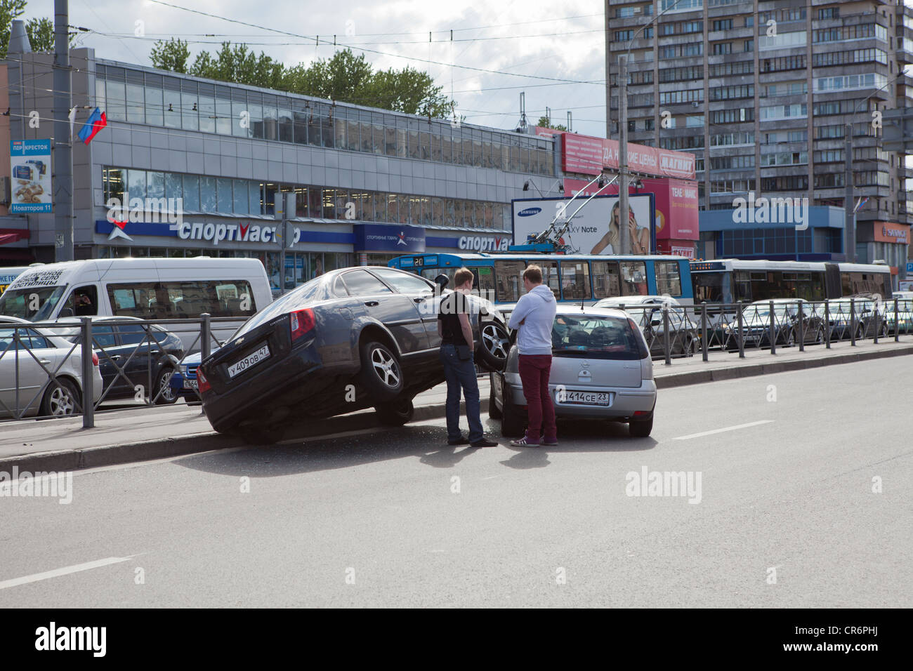 Traffic accident with two passenger cars on the road in St. Petersburg