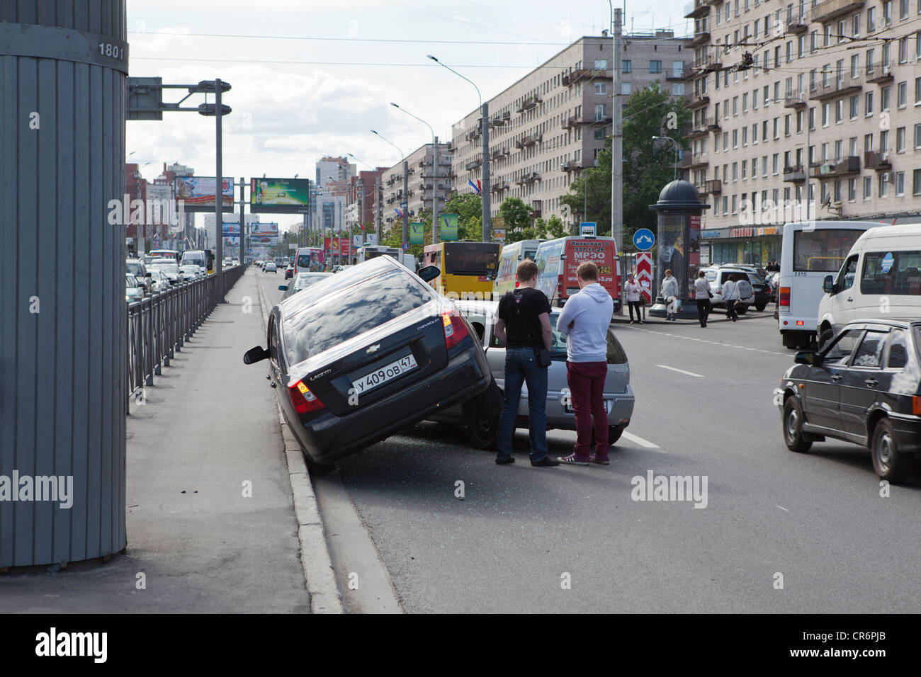 Traffic accident with two passenger cars on the road in St. Petersburg