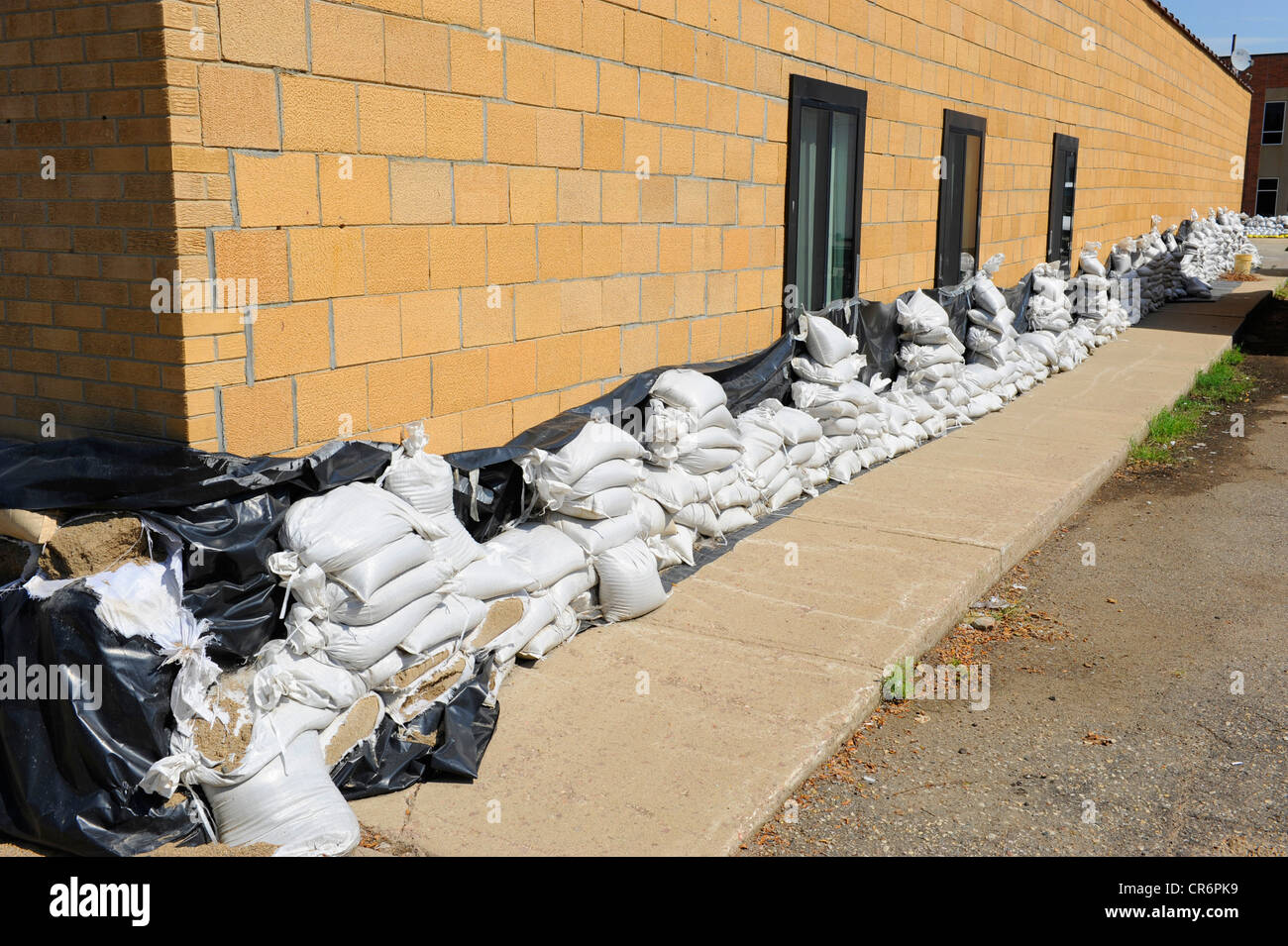 Sandbags placed to prevent rain flooding Pierre South Dakota Stock