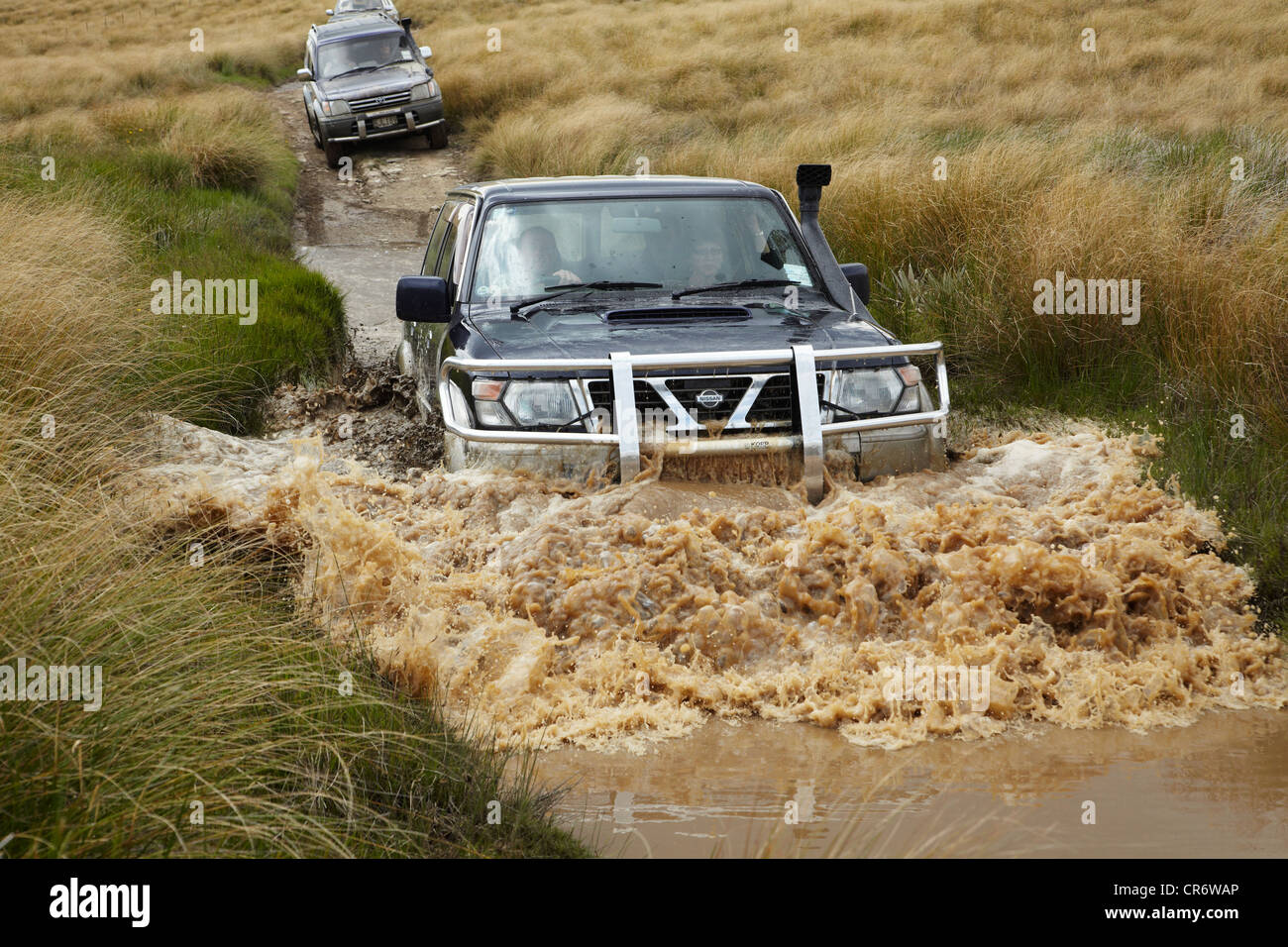 4WD in mud hole on Waikaia Bush Track, Old Man Range, Southland, South Island, New Zealand Stock Photo