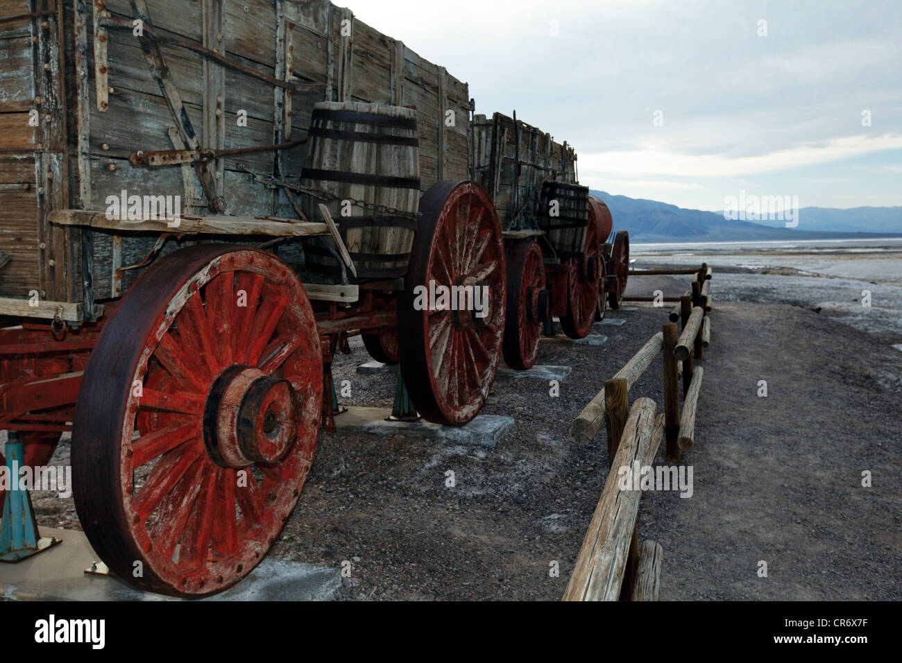 Low Angle Close Up View of a Wooden Wagons for Borax Transport, Harmony Borax Work, Detah Valley, California Stock Photo