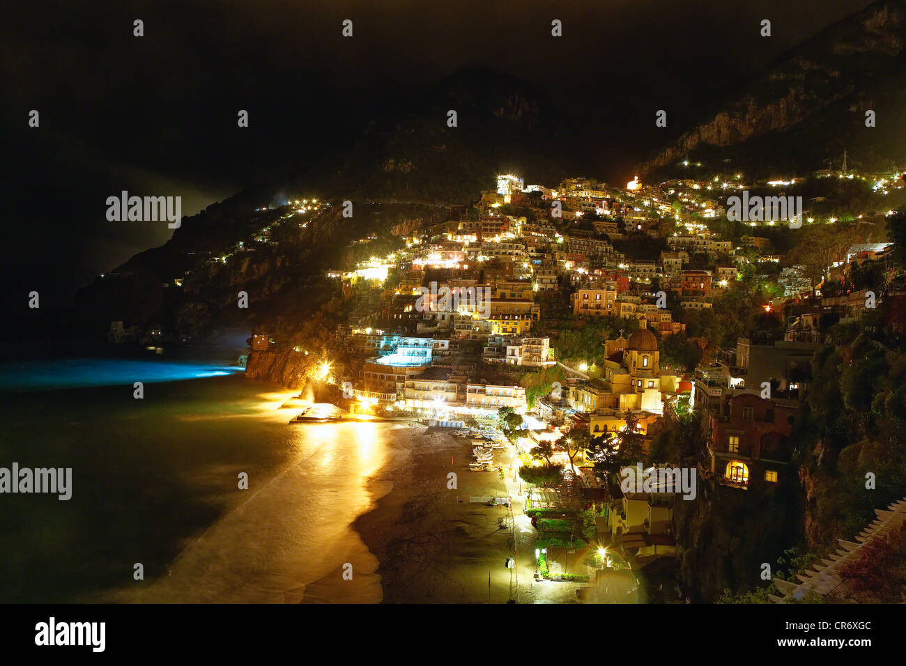 High Angle View of Positano Nightscape, Campania, Italy Stock Photo