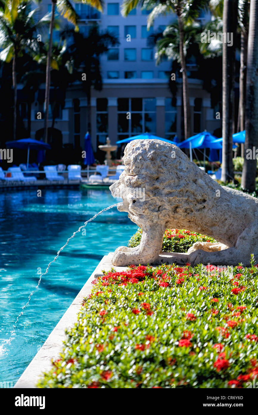 Lion Waterspout Sculpture at the Pool, Ritz-Carlton Hotel, San Juan, Puerto Rico Stock Photo