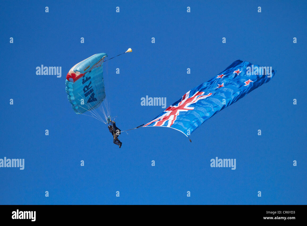 RNZAF Sky Diver and New Zealand flag, Warbirds over Wanaka, Wanaka, South Island, New Zealand Stock Photo