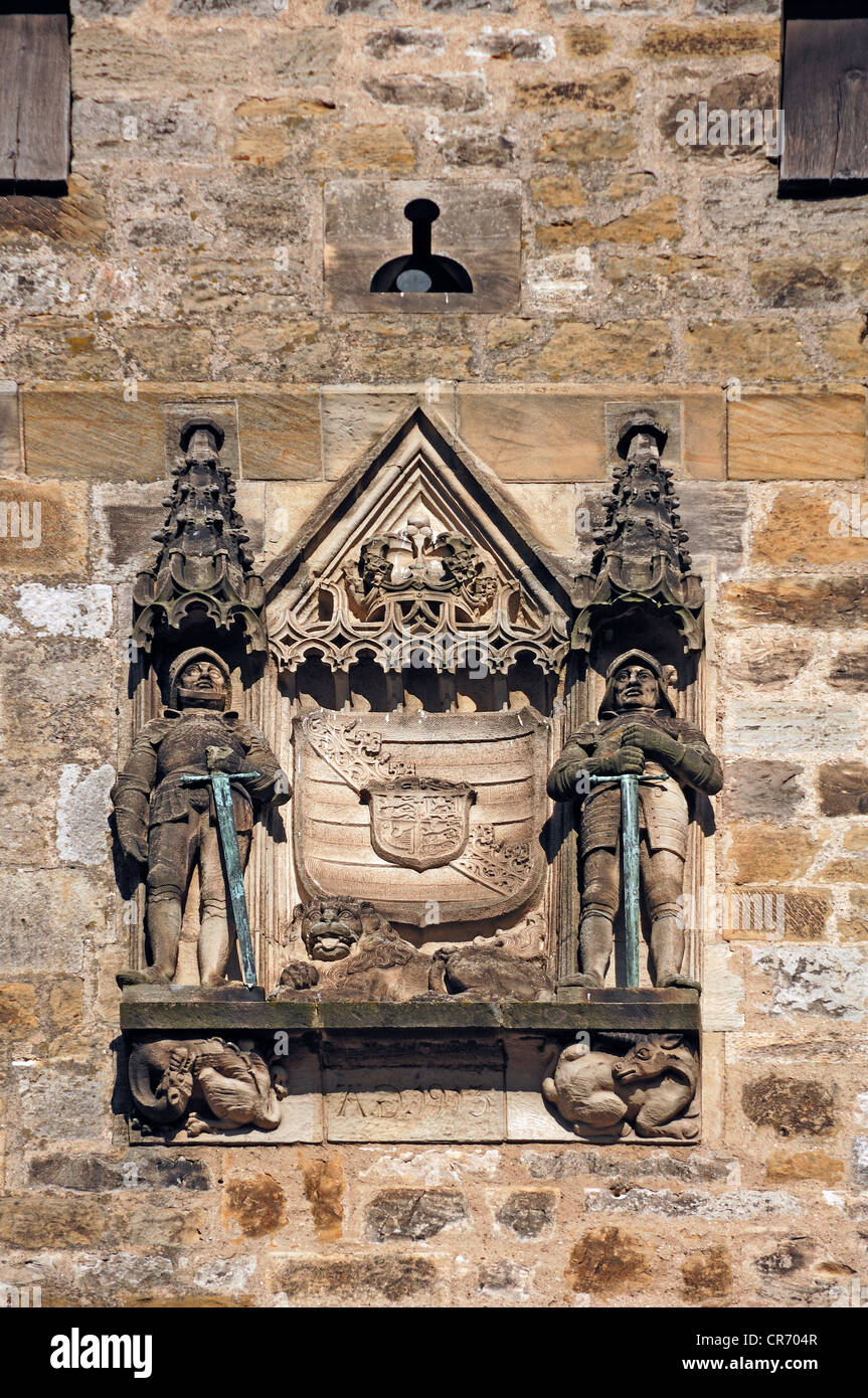 Crest of the duchy of Saxe-Coburg and Gotha on the Bulgarenturm tower of the Veste Coburg castle, Coburg 1, Coburg Stock Photo