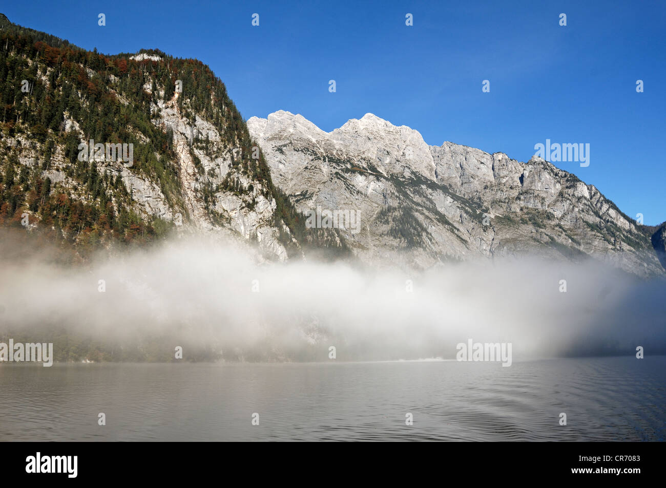 Morning fog lifting on Koenigssee Lake, Mt Watzmann at back, Upper Bavaria, Bavaria, Germany, Europe Stock Photo