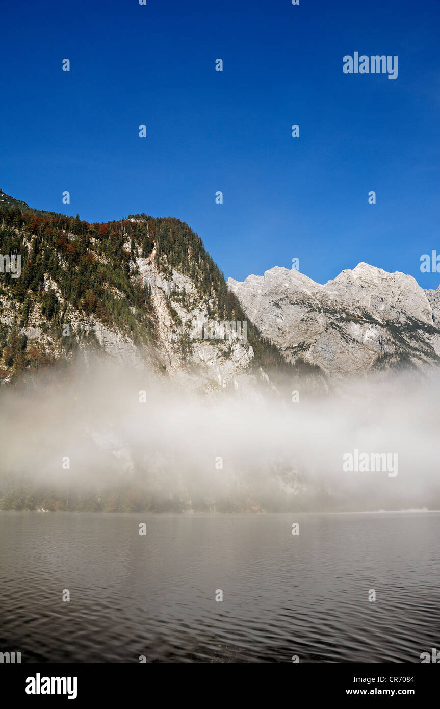 Morning fog lifting on Koenigssee Lake, Mt Watzmann at back, Upper Bavaria, Bavaria, Germany, Europe Stock Photo