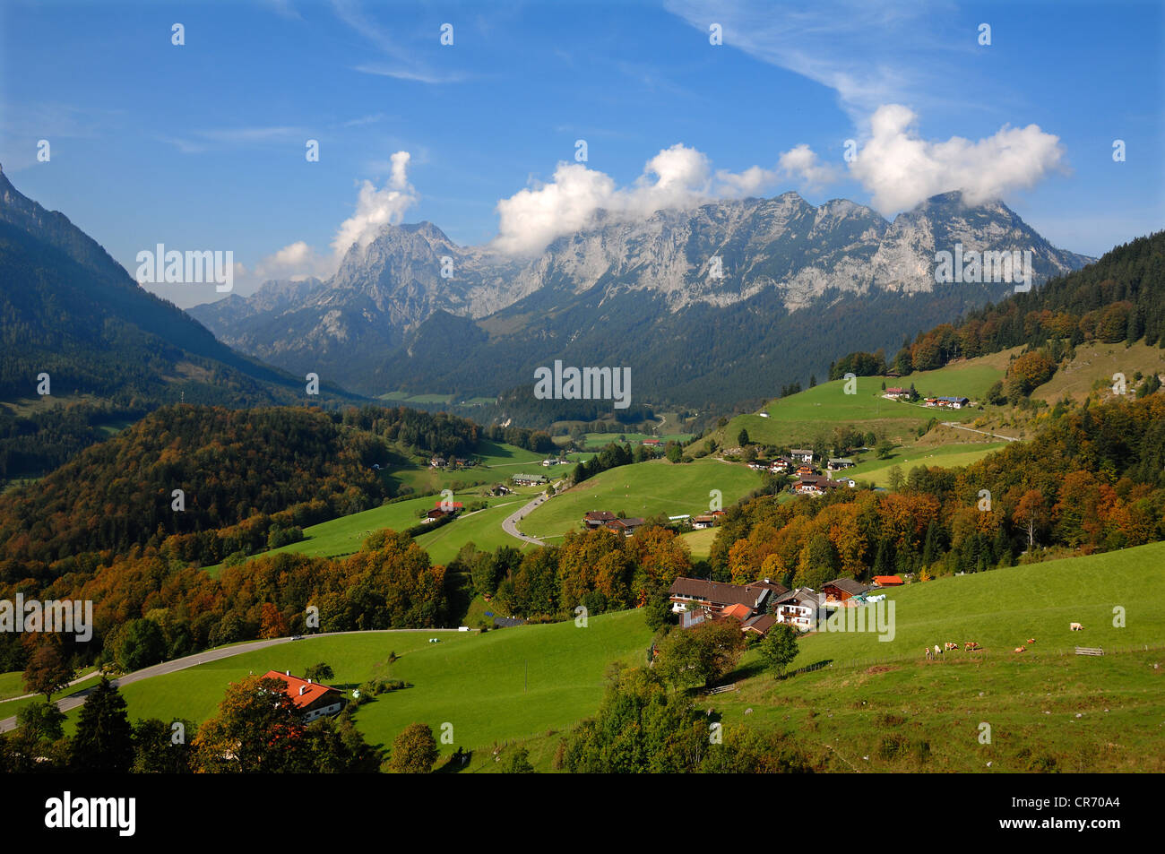 Ramsauer Tal, Ramsau Valley, with Reiteralpe, mountain pasture, Ramsau, Upper Bavaria, Bavaria, Germany, Europe Stock Photo