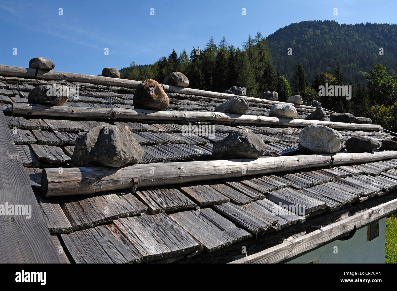 Shingle roof weighted with rocks, Ramsau, Upper Bavaria, Germany