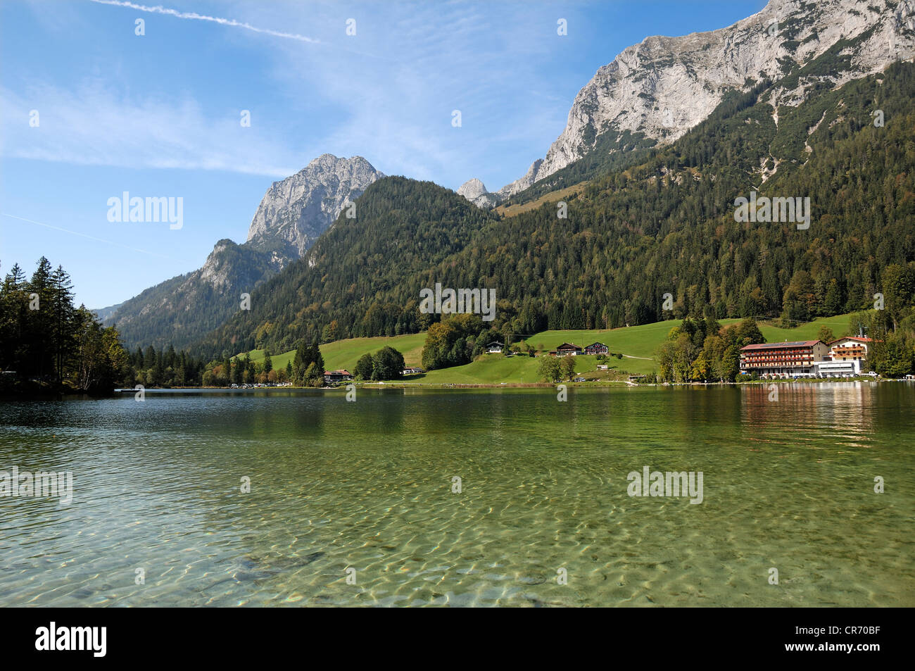 Hintersee Lake with Mt Reiteralpe, right, and Mt Muehlsturzhoerner, left, Hintersee, Ramsau, Upper Bavaria, Germany, Europe Stock Photo