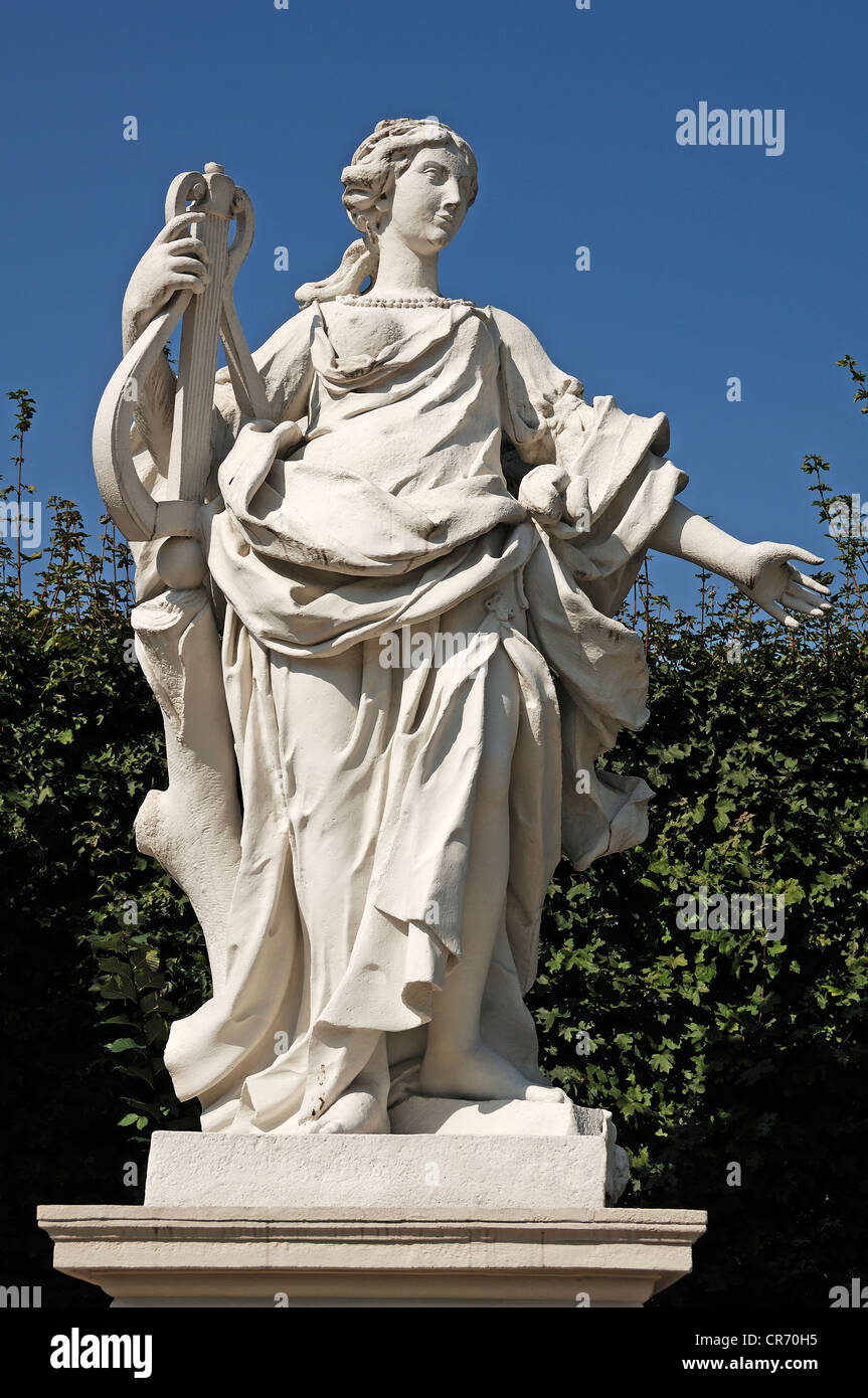 Female sculpture holding musical instrument, figure from Greek-Roman mythology, Lower Belvedere, 18th Century, Rennweg, Vienna Stock Photo