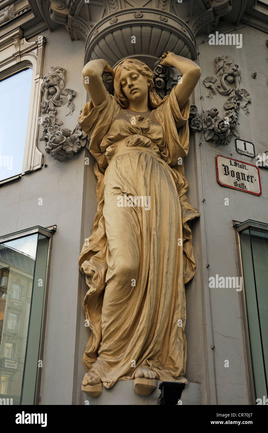 Caryatid under a bay window of a middle-class home, c. 1900, Bognergasse lane, Vienna, Austria, Europe Stock Photo