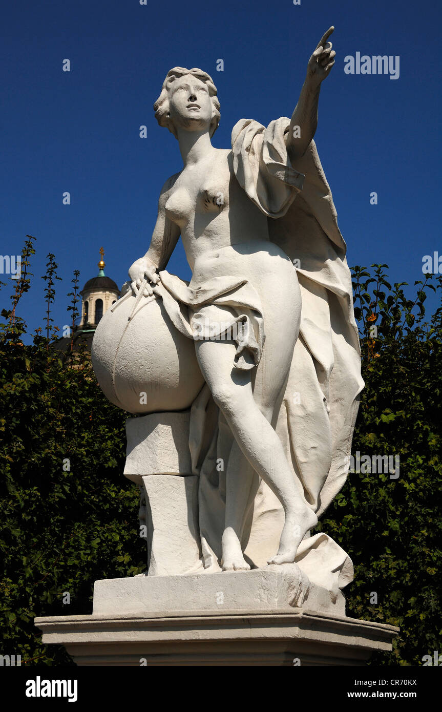 Female statue with dividers and a globe, Unteres Schloss Belvedere palace, character from the Graeco-Roman mythology Stock Photo