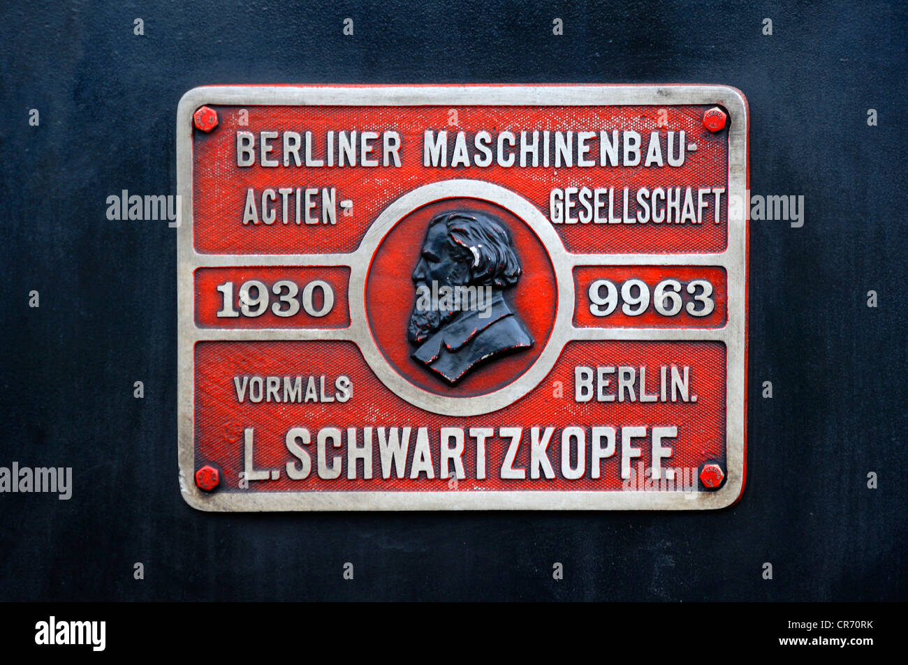 Nameplate on a four-coupler hot steam locomotive ELNA 6 type from 1930, Ebermannstadt, Upper Franconia, Germany, Europe Stock Photo