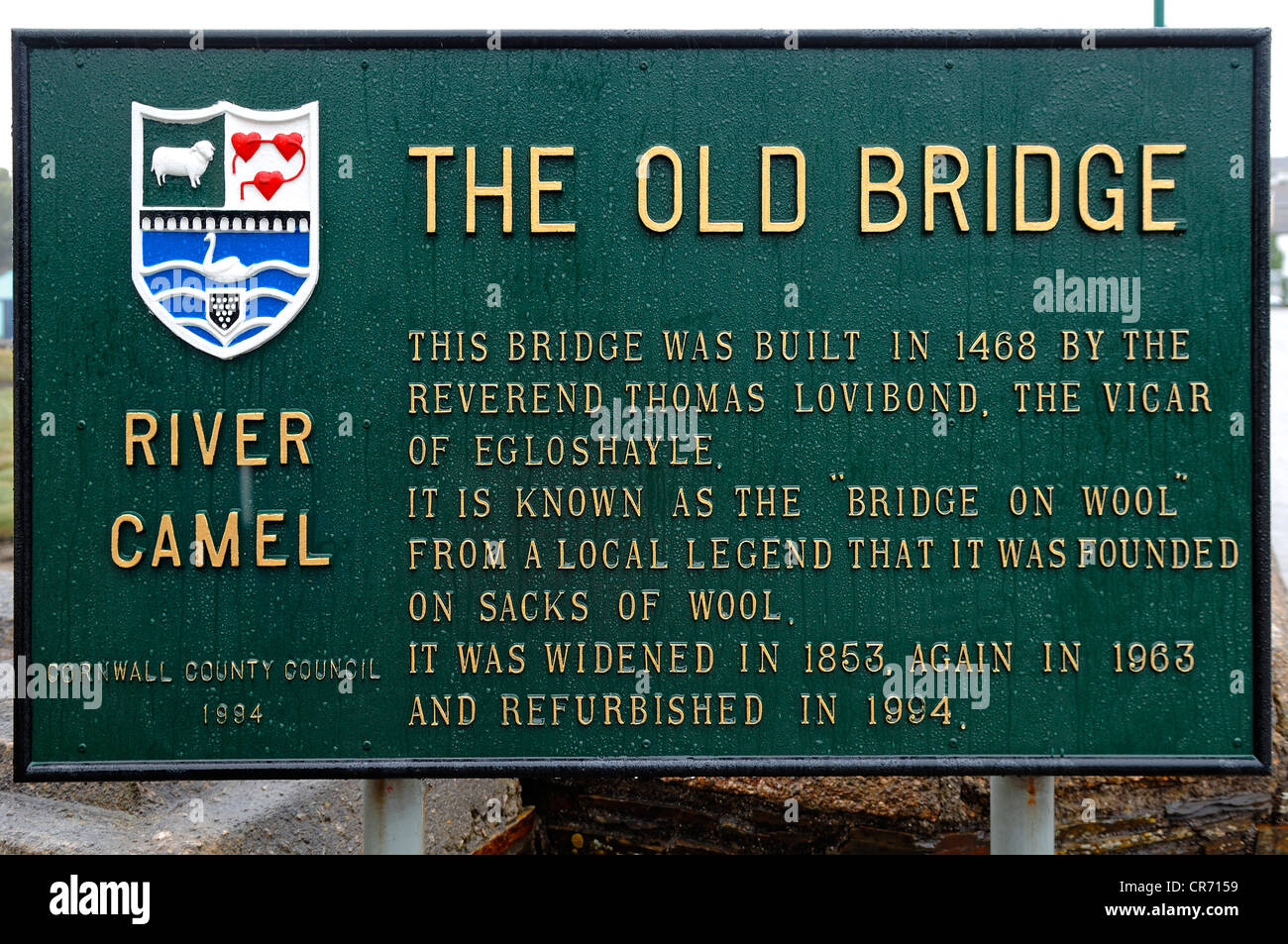 Large information board in front of the historic Bridge on Wool