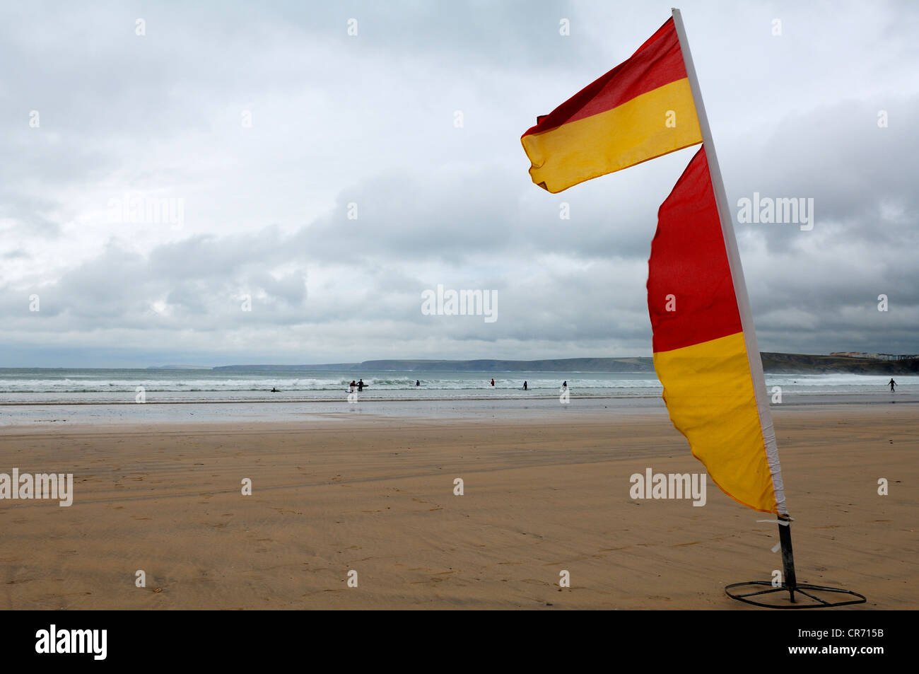 Warning flags during stormy weather on the beach of Newquay, Cornwall, England, United Kingdom, Europe Stock Photo