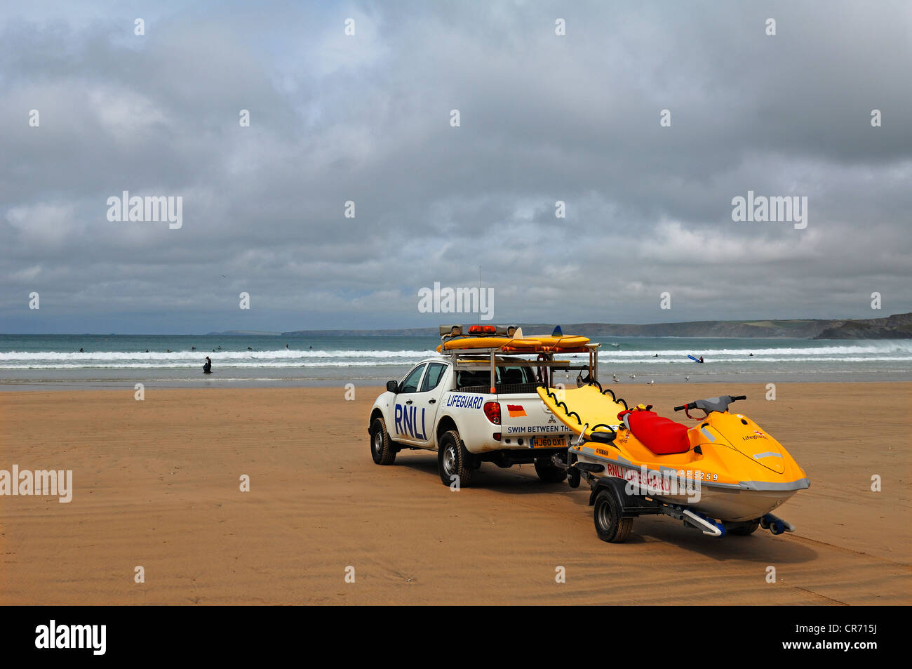 Life guard on the beach of Newquay during stormy weather, Newquay, Cornwall, England, United Kingdom, Europe Stock Photo