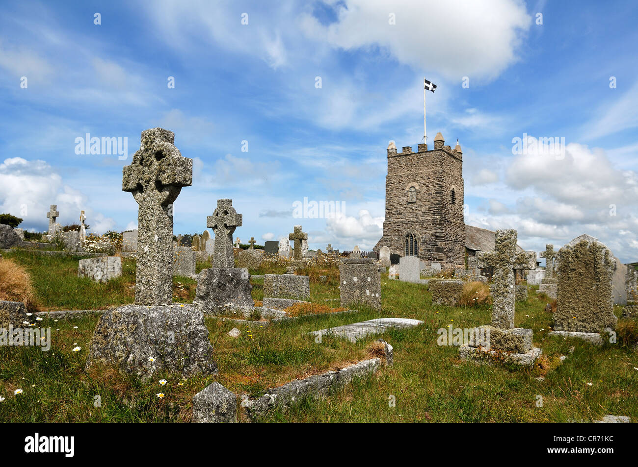 St. Symphorian's Church with a cemetery, church steeple built in 1750, Forrabury and Minster, Cornwall, England, United Kingdom Stock Photo